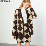Christmas Gift Houndstooth 2 Pieces Set Women Knitted plaid Sweater cardigans  + mini skirt rhombus Sweater Set CHIC Knitted Oversize suit