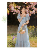 Kukombo Blue Gentle Romantic Fairy Dress Women Ruffled Square Collar Elegant High Waist Beaded Bow Sweet Cute Long Dress Summer 2022 New