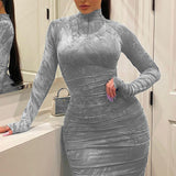 Cyber Monday Sales Women's Bodycon Dress Pleated Elegant Long Sleeve Party Dresses For Ladies Sexy Tight Female Clothing Evening Plus Size 5XL