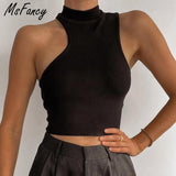 Christmas Gift Msfancy Summer Tank Top Women 2021 Brown Turtleneck Ribbed Knitted Crop Tops Mujer Off Shoulder Sleeveless Black Shirt