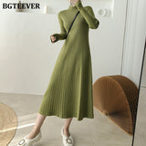 Christmas Gift BGTEEVER Elegant Warm Half Turtleneck Ladies A-line Sweater Dress Full Sleeve Slim Waist Women Knitted Mid-Calf Vestidos Autumn