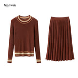 Christmas Gift Marwin New-Coming Spring Autumn Solid Knitted Sweater Top Mid-Calf Skirts Outfit England Style Two Pieces Women‘s Sets