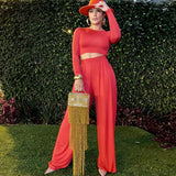 New Fashion Spring Women's Tracksuit Solid Long Sleeve Cropped Top Two-Piece Suits High Waist Loose Wide Leg Pants Set