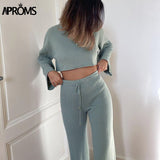 Christmas Gift Aproms White Black Knitted Women's 2 Piece Suits Casual Flare Sleeve Cropped Top and Pants Set Female High Waist Homesuits 2021