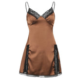 Kukombo Sweetown New Aesthetic Cute Satin Mini Dress Women Lace Trim Brown Vintage Kawaii Clothes Sleeveless V Neck E Girl Dresses