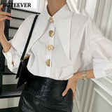 Christmas Gift BGTEEVER Stylish Chic Lantern Sleeve Women White Shirts Blouses Spring Buttons Loose Female Shirts Tops Elegant Ladies Blusas