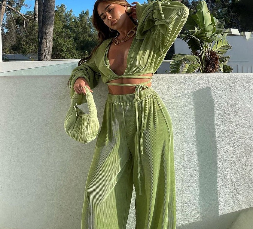 Kukombo Green Pants Set Women Casual Loose Bandage Blouses Shirt Matching Wide Leg Trousers Suit Elegant 2 Piece Pant Set