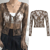 Sexy Mesh Transparent Women's t-shirt  Aesthetic Lace Patchwork Vintage Long Sleeve Top Tees Single Button Clothes
