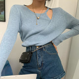 Kukombo Back to school outfit Woman Chic Knitting Pullover 2023 Autumn New Korea Gentle Style Long Sleeve Thin Female Fake Two Piece Off Shoulder Top