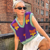 Christmas Gift HEYounGIRL Floral Print Sleeveless Knit Vest Women Autumn Crop Top Sweater Women V Neck Vintage Knitwear Streetwear 2021