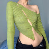 Kukombo Skew Collar T Shirt Women Hollow Out See Through Sexy Slim Solid Long Sleeve Crop Top 2022 Fashion Ladies Casual Club