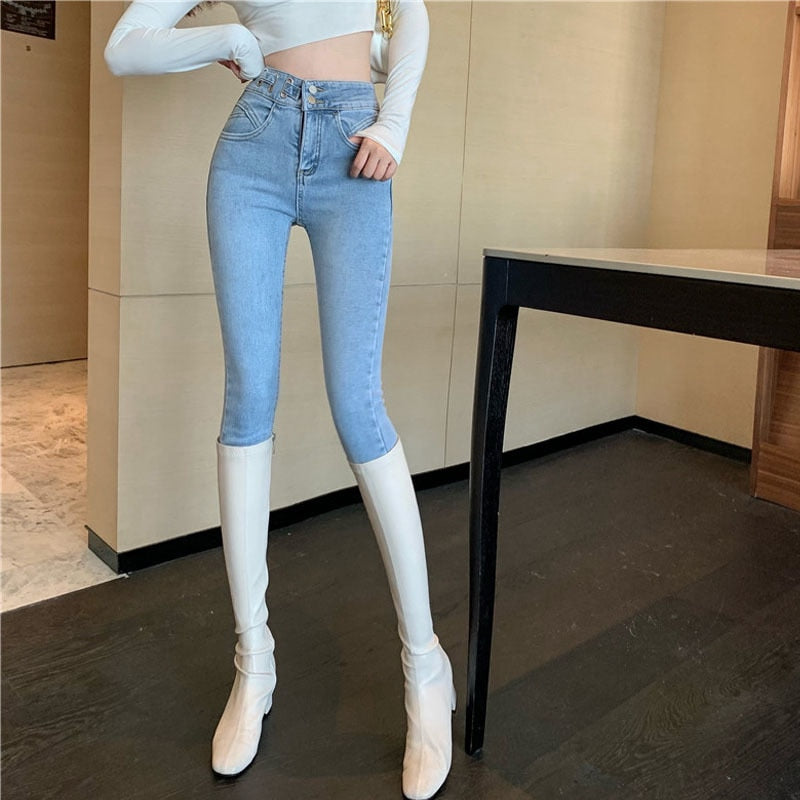 Kukombo  2022 New Spring Front Button Up Skinny Jeans Pants Women Casual Fashion High Waist Stretch Pencil Jeans Pants Autumn Trousers