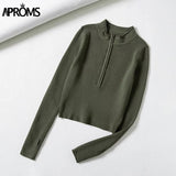Christmas Gift Aproms Elegant High Neck Zipper Front Knitted Sweater Women Solid Basic Cropped Pullover Winter Spring Fashion Clothing Top 2021