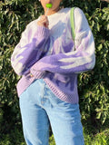 Christmas Gift Aproms Vintage Purple Flame Knitted Oversized Sweaters Women Winter Streetwear Warm Pullovers High Fashion Stretch Jumpers 2021