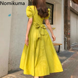 Kukombo Elegant Fashion Big Bow Party Dress Solid Color Short Puff Sleeve Dresses Female Vintage Korean Style Vestidos-0505