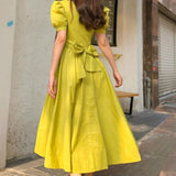 Kukombo Elegant Fashion Big Bow Party Dress Solid Color Short Puff Sleeve Dresses Female Vintage Korean Style Vestidos 3a498