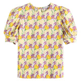Christmas Gift FANSILANEN Office Lady 100% Cotton French Retro Print Round Neck Shirt Female Summer Bubble Short-sleeved Light Yellow Blouse