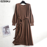 Christmas Gift 2021 autumn winter o-neck midi sweater dress women A-Line midi sweater dress with belt elegant a-line solid loose dress
