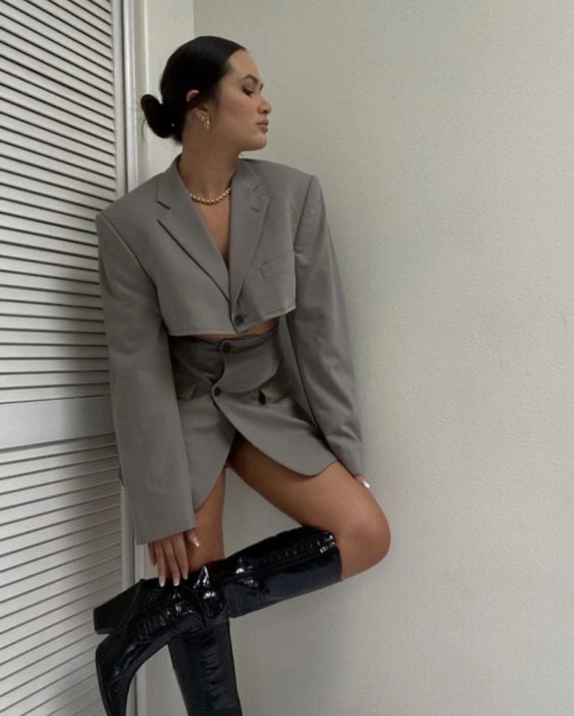 Kukombo Women Cropped Blazer Long Sleeve Shoulder Pads Office Coat Blazers Fashion Girl Wrap Spring Vintage Outerwear