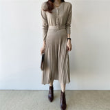 Kukombo New 2022 Spring Women Dress Long Casual Korean Style Single Breasted Pleated V-neck Lace Up knitted Dress DR7248