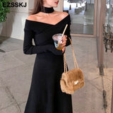 Christmas Gift pure fashion slim a-line Sweater dress Women winter autumn slash neck thick dress 2021 French sweater dress long sleeve