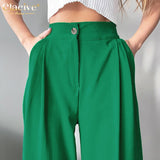 Kukombo Autumn Green Casual Womens Trouser Suits Fashion Loose Pleated Office Ladies Pants Vintage High Waist Pants For Women