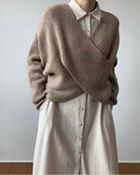 Kukombo Criss-Cross Sweater Khaki Fall 2022 Women Clothing Beige Korean Style Loose Pullovers Fashion Casual Raglan Sleeve Tops