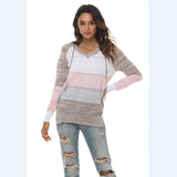 Kukombo 2022 New Female Hoodies Autumn Women Patchwork Hooded Sweater Long Sleeve V-neck Knitted Sweater Casual Striped Pullover Jumpers