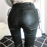 Kukombo  Punk Fashion Zippers Tied Womens PU Leather Pants High Waist Slim Fit Female trousers female pencil leather pants women KZ108