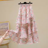 Kukombo Hot Sale Floral Skirt Women New Summer Sweet Ruffled A-Line Chiffon Long Skirt Woman Korean Clothing