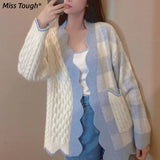 Kukombo  Autumn Plaid Kawaii Knited Sweater Cardigan Women Korean Parchwork Knitting Sweater Coat Female Designer Winter Clothes 2022 New