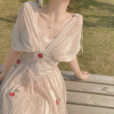 Kukombo Vintage Flower Fairy Midi Dress Women French Mesh Backless Design Long Dress Female Summer Classy Holiday Beach Party Dress 2022