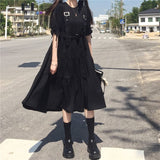 Kukombo  Gothic Style Dress Women Mall Goth Harajuku Emo Kawaii Dress Gothic Punk Japanese Cute Long Sleeve Black Midi Dress