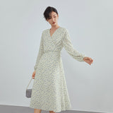 Christmas Gift FANSILANEN Elegant Floral Print Long Wrap Dress Women V-Neck Long Sleeves Spring Summer Dress Beach Slimming Maxi Skirts Female