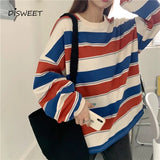 Christmas Gift College Style Striped Loose T-shirt Woman Korean Long Sleeve Loose Oversized Tees Women Simple Autumn Slim Women's Top 2XL 2021