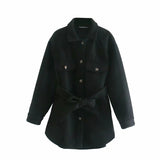 Christmas Gift 2021 WInter New Woollen Wrap Coat Women High Waist Tunic Bandage Jacket Pockets Casual Warm Shirt Coat