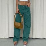 Kukombo Vintage Khaki Wide Leg Cargo Jeans High Waist Big Pockets Baggy Denim Trousers Casual Oversized Pants Street Sweatpants