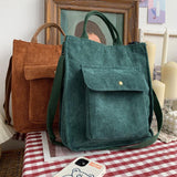 Kukombo  Corduroy Shoulder Bag Women Vintage Shopping Bags Zipper Girls Student Bookbag Handbags Casual Tote With Outside Pocket