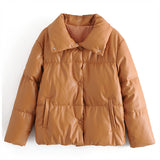 Christmas Gift Women PU Leather Parkas Fashion High Street Solid Faxu Leather Coats Elegant Winter Thick Cotton Jackets Loose Outerwear