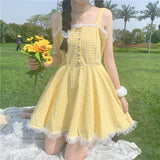 Kukombo  Summer Kawaii Lolita Strap Dress Women Patchwork Lace Japanese Sweet Cute Mini Dresses Yellow Plaid Fairy Tale Casual Dress 2022