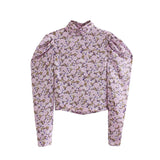 Kukombo Floral Blouses Women Korean Retro Long Sleeve Purple Shirts Casual Female Elegante Blouse Streetwear Print 2023 Fashion Crop Top