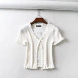 Kukombo Christmas Gift Summer Women Harajuku Knitted Short Ruffles Sleeve Shirt Crop Top Street Wear Femme Knit Skinny Tee Shirt Women