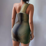 Kukombo Sexy Hollow Out Folds Women Dress One-Shoulder Sleeveless Slim Bodycon Mini Dresses 2022 Summer Green Print Fashion Lady