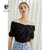 Christmas Gift FANSILANEN Office Ladies One-shoulder Chiffon Top Women Summer 2021 New French Style Square Collar Short Sleeve Black Shirt