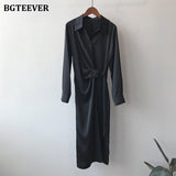 Christmas Gift BGTEEVER Fashion Turn-down Collar Women Satin Mid-length Dress Casual Loose Irregular Belted Female Dress 2021 Summer