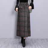 Elegant Retro Female Hight Waist Woolen Long Plaid Skirt Women Casual Straight Vintage Fashion Maxi Skirt Jupe Longue Femme Slim