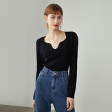 Christmas Gift FANSILANEN Women Knitted Sweater Long Sleeves Autumn Tops Gentle Retro Pullovers Irregular Neckline Solid Color Women Sweaters