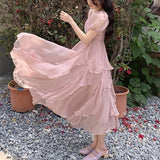 Christmas Gift 2022 Summer Pink Elegant Casual Women's Dresses Short Sleeve Sweet Midi Dress Females Party One Piece Dress Korean Square Collar