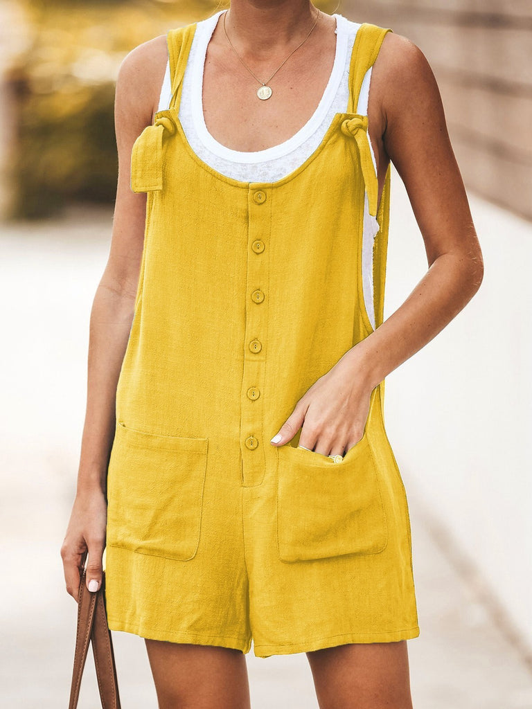 Summer Cotton Linen Women Playsuit Boho Button Pocket Short Jumpsuit Rompers Casual Loose Green Red Overalls Solid Color Clothes