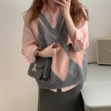 Kukombo 2022 New Autunm Winter Women Sweater Pullover Vest Sleeveless Oversized Knitted Checkered Vintage Lady Tops SWV1397JX
